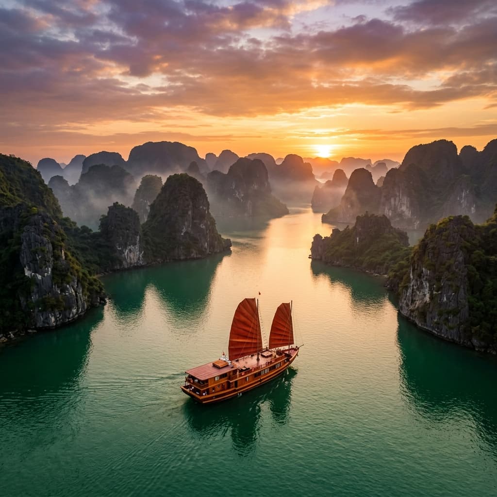 Traditional junk boat sailing Halong Bay at sunset