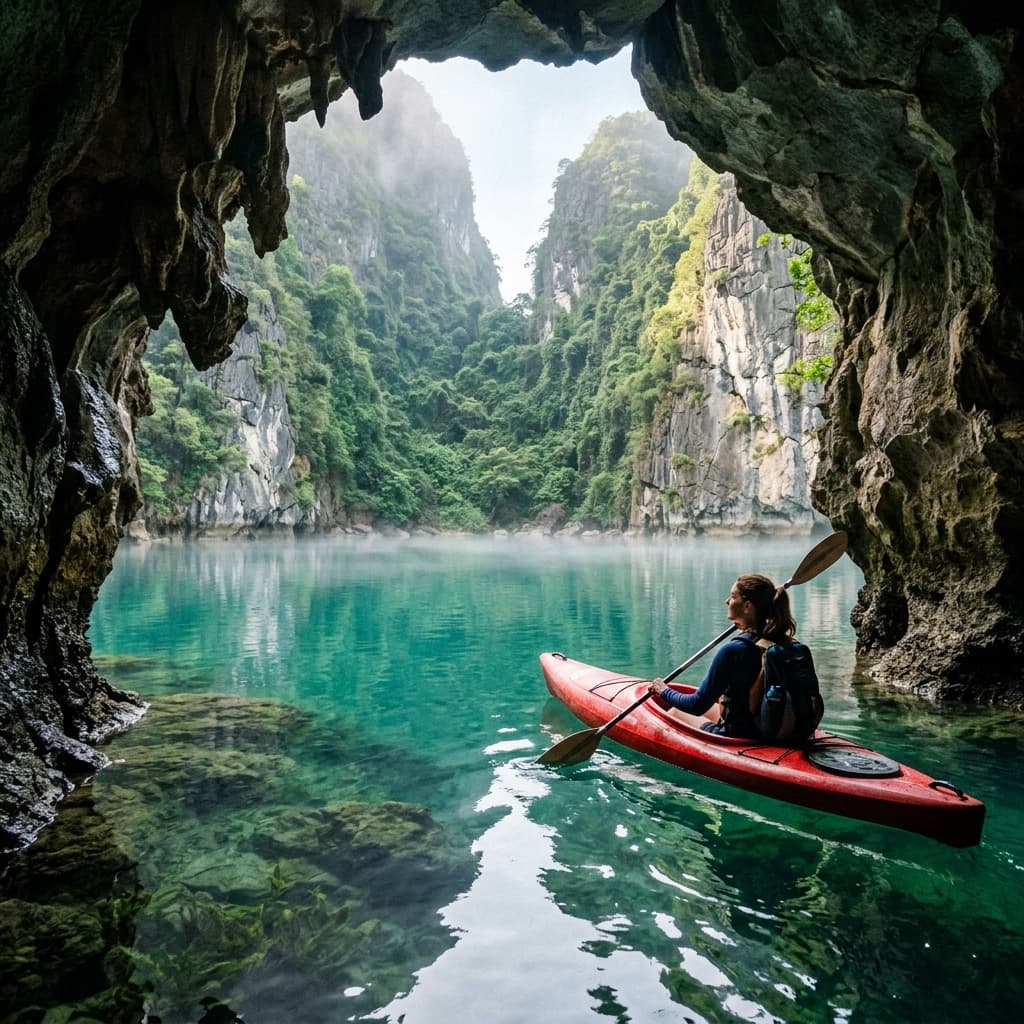 Kayaking through a limestone cave into a hidden Ha Long Bay lagoon