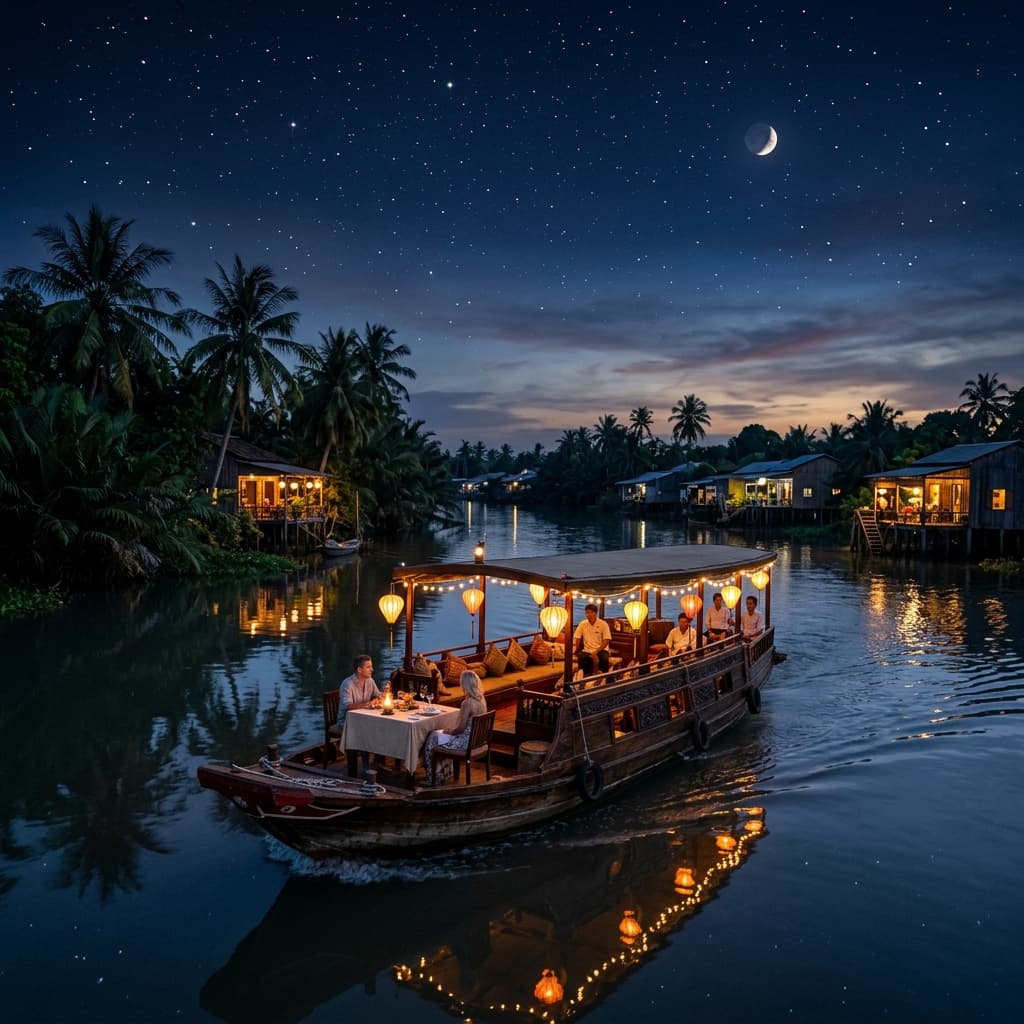 Traditional wooden sampan on the Mekong Delta river
